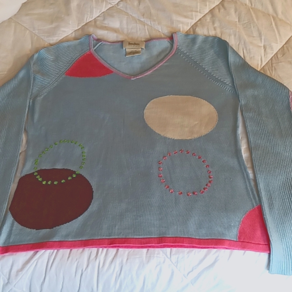 Neiman Marcus silk sweater medium baby blue with pink trim, sequins